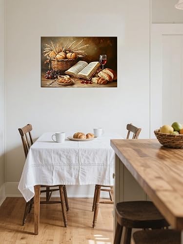 Miniatura 2 de Arte de pared de pan cristiano, vino, pintura rústica de comida, versículo de la Biblia, lienzo impreso, póster con imagen, decoración de cocina de