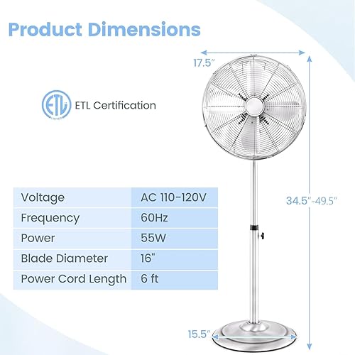 Miniatura 6 de LDAILY Ventilador de pedestal, ventilador oscilante de 16 pulgadas con 3 velocidades, velocidad ancha, altura y ángulo ajustables, ventilador de