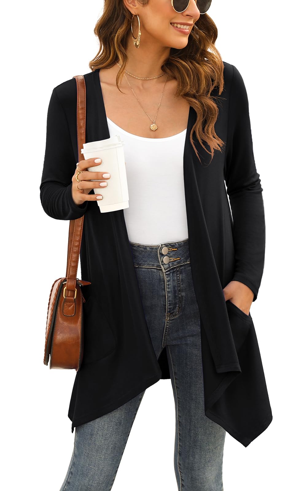 Wiwclo Veryoung Short Sleeve Cardigans for Women Casual Drape Open Front Lightweight Summer Cardigan with Pocket High Low Hem