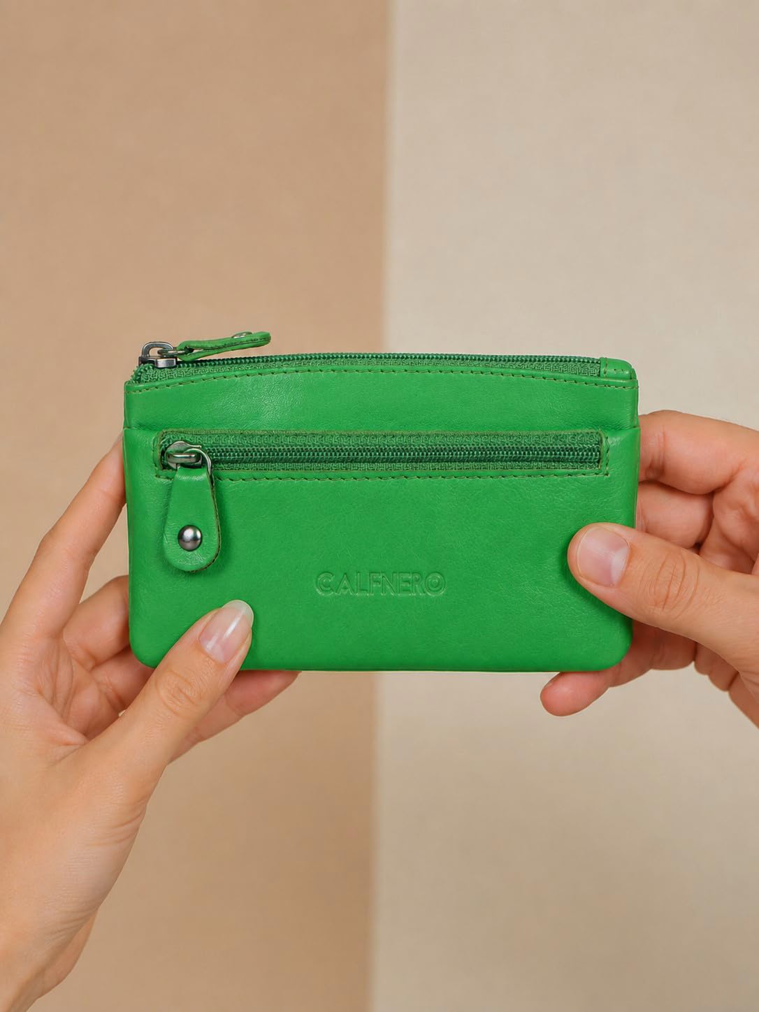 CALFNERO Genuine Leather Coin Wallet & Key Case | Leather Key Organizer for Men Women | Zippered Key Holder, Coin Purse, Cash & Card Pouch | Unisex Compact Travel Wallet (Parrot-Green) 1