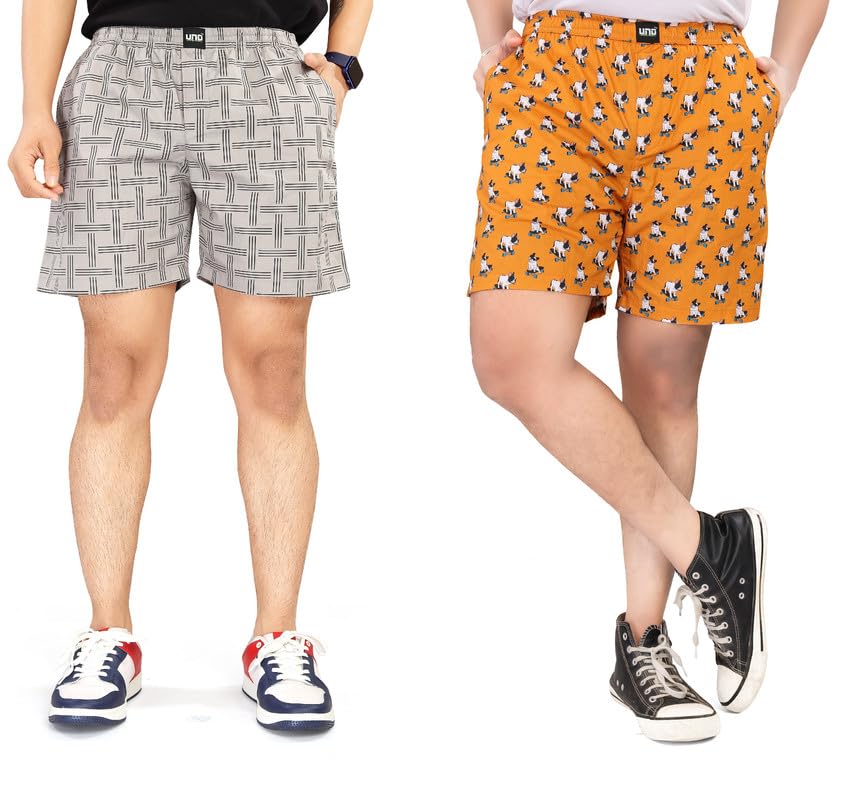 Image of UNOseven Shorts for Boys - 100% Cotton Printed with Side Pockets - Pack of 2 - Available from Size 7 Years to XL