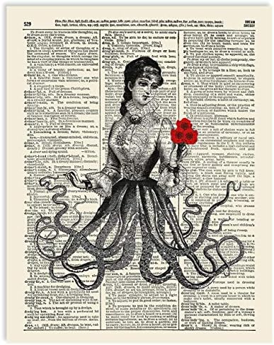 Victorian Octopus Lady Vintage Dictionary Art Print, Antique Wall Art Home Decor, Modern Boho Poster, Farmhouse Decoration Living Room Bedroom Office 8x10 Inches, Ready To Frame