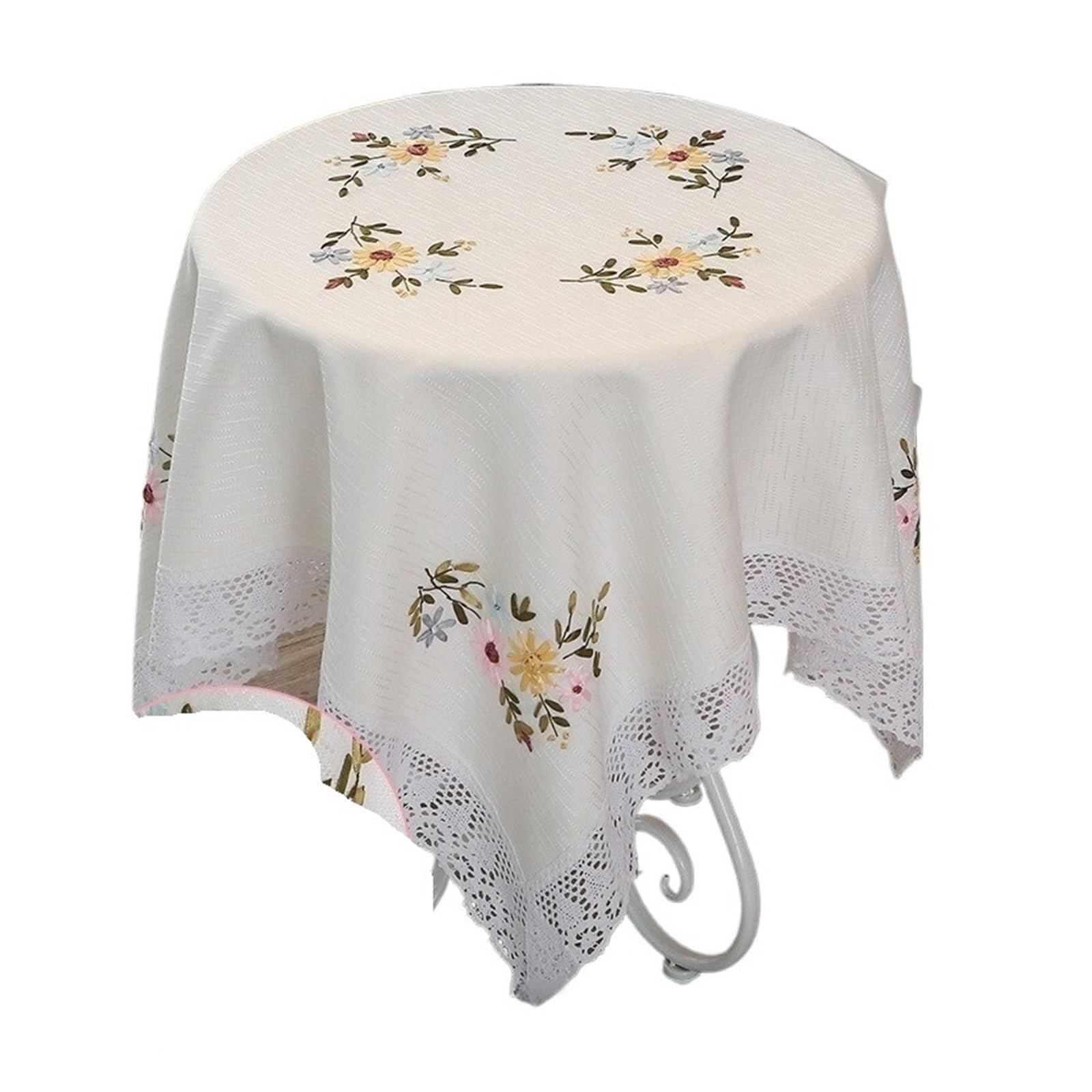 NJIEzhao Embroidered Lace Tablecloth Embroidered Cotton Linen Tablecloth Rectangular White Lace Tea Table Cloth Art Cover European Countryside Living Room(White small sunflower 110 * 160)
