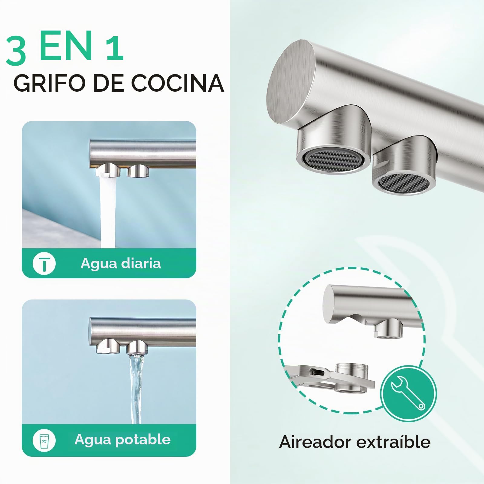 CREA Grifo de Cocina 3 Vías Osmosis, Fregadero Giratorio 360°, Acero Inoxidable Cepillado