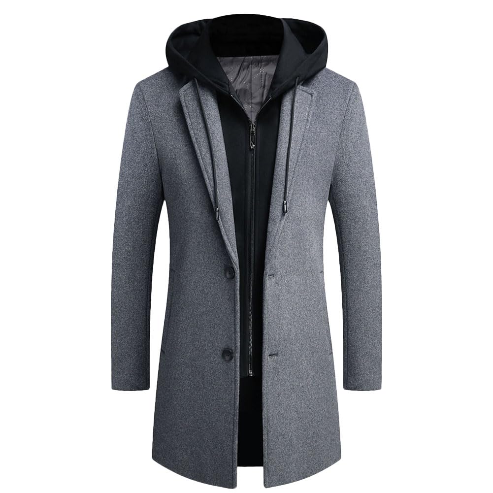 Cappotto da Uomo Lungo Invernale Coat in Lana Sintetica con Collo a Cappuccio Staccabile Cappotti Lana Sottile Cappotto Trench Casuali Outerwear a Vento