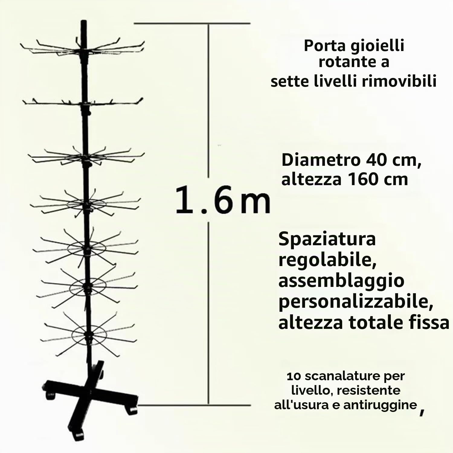 Espositore Girevole Per Articoli,Espositori Con Ganci Per Negozio In Metallo,7 Livelli Scaffale Calzini Negozi Con Ruote Da Terra Per Metallo Portachiavi Palline Schedine Biglietti Auguri,Ecc.(Nero)