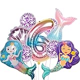 Juego de decoración de cumpleaños: el juego de decoración de fiesta de sirena incluye 1 globo digital, 2 globos de sirena, 1 globo de concha, 1 globo de cola de sirena, 4 globos de confeti de 12 pulgadas y 1 rollo de cinta. Die ideale Deko-Ballons für den KindergeburtstagMachen Sie die Kinder bereit für eine unvergessliche Party!