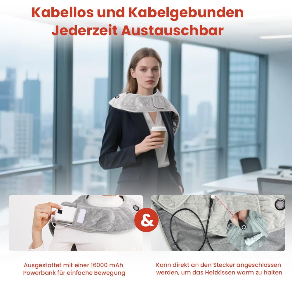 Coussin Chauffant Sans Fil Portatif avec Batterie 16000mAh, 3 Températures & Arrêt Automatique pour Cervicales et Épaules