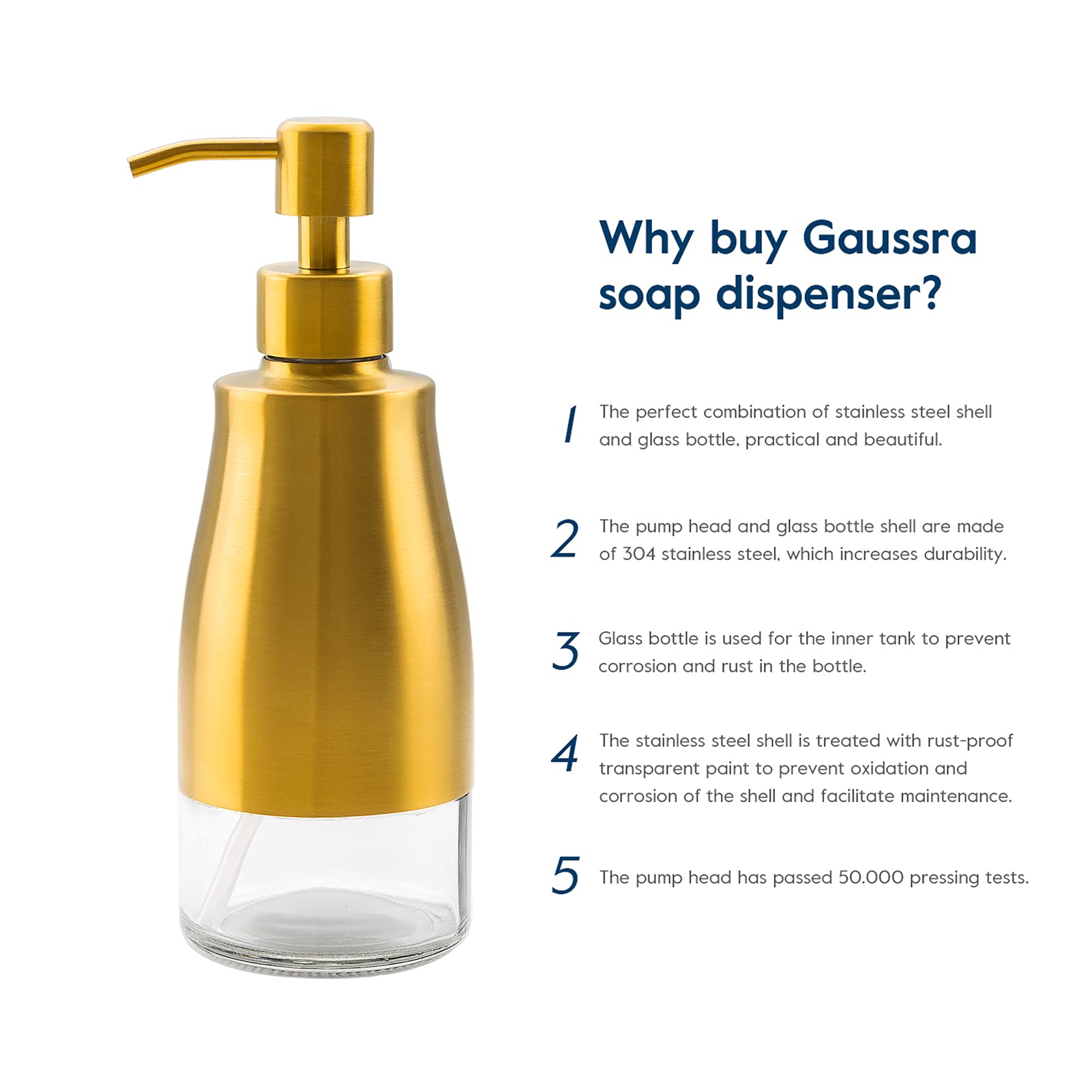 Gaussra Dispensador de jabón con posavasos y calcomanías, dispensador de bomba de mano de vidrio de acero inoxidable dorado cepillado, botella antioxidante, para botella de detergente de cocina y baño