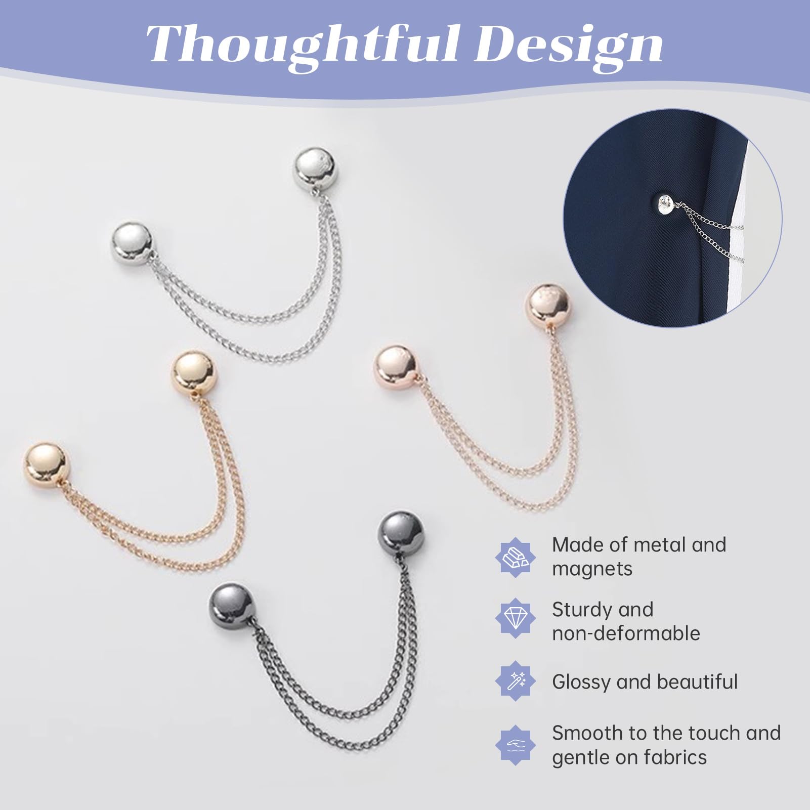 12 clips magnéticos para ropa con cadena, clips magnéticos de metal para ropa para mujer en plomizo, oro y plata, pines multiusos para ajustar el dobladillo, mangas, pantalones e hiyabs