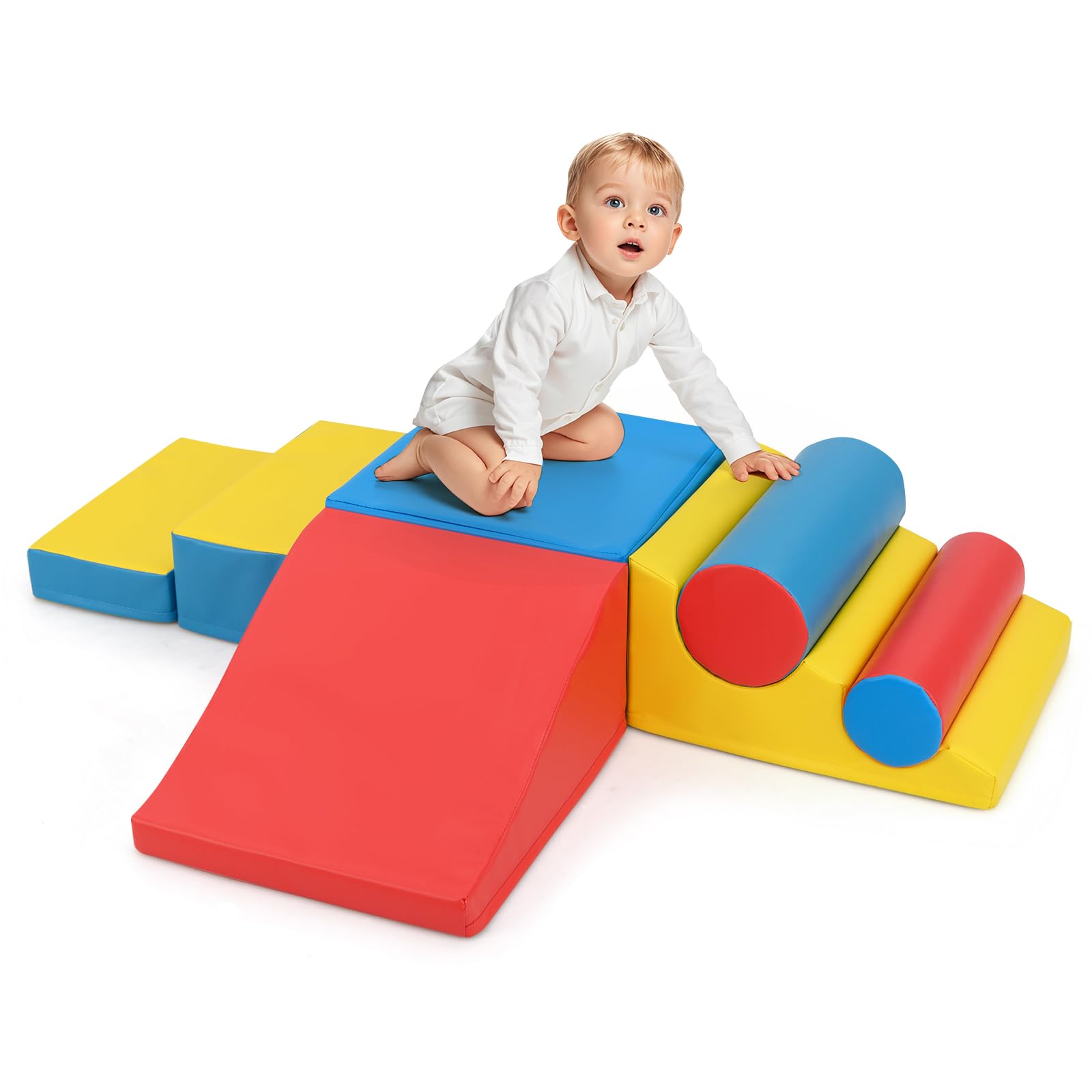 COSTWAY 7 TLG. Schaumstoffbausteine, Softbausteine zum Klettern & Toben, Riesenbausteine aus Schaumstoff, Großbausteine XXL Indoor für Kinder, Bunt