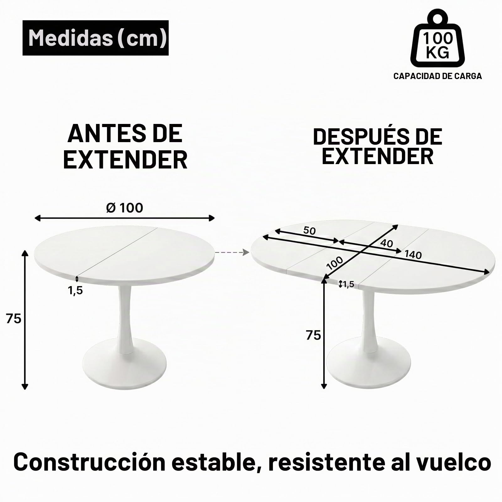 Mesa de Comedor Redonda Extensible, Blanca, 100-140 x 100 x 75 cm, para 4-6 Personas, Ideal para Comedor, Cocina y salón (A)