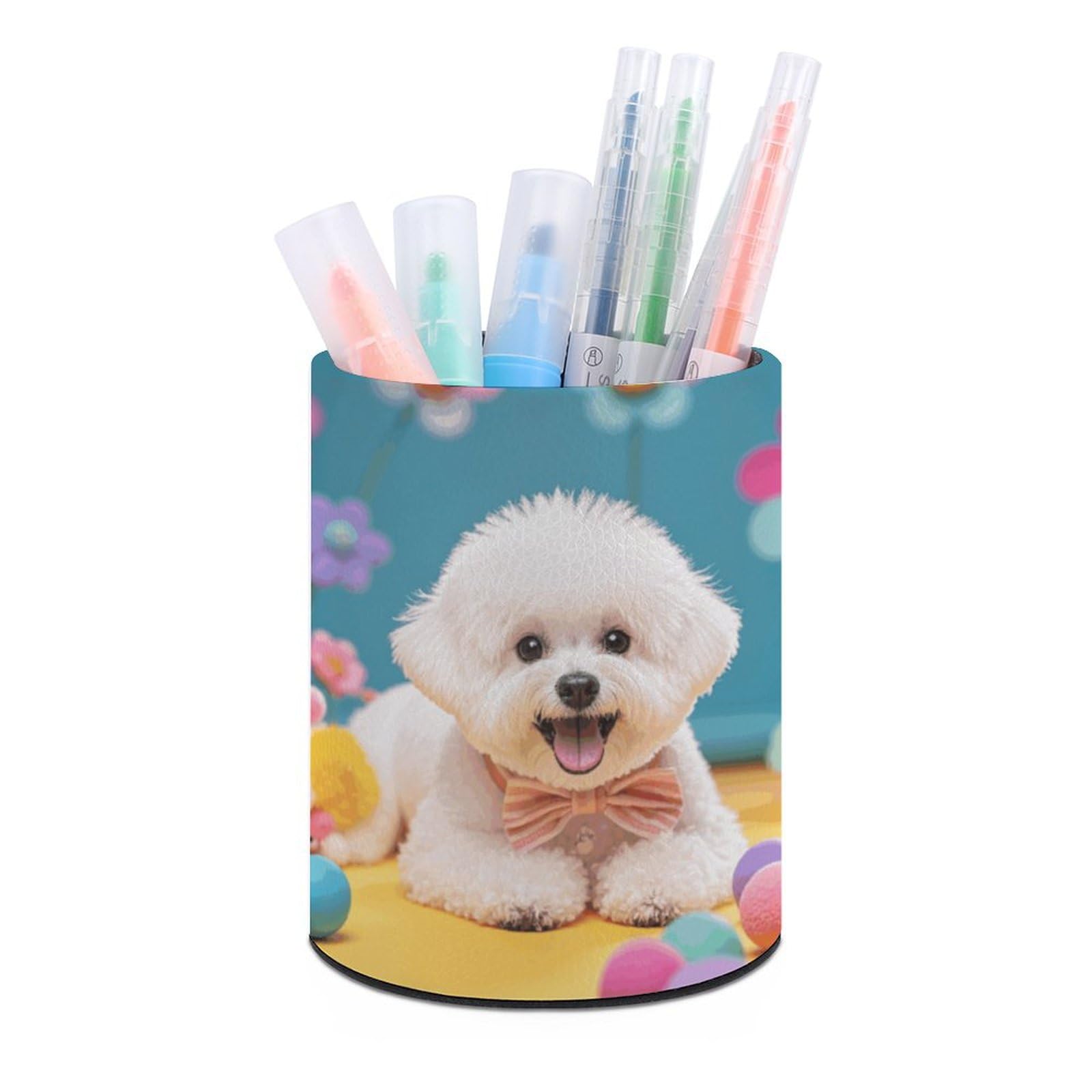 JTREHY Round Pen Holder,Cute Bichon Frise Dog Printed Makeup Brush Storage Box for Home Office Dressing Table