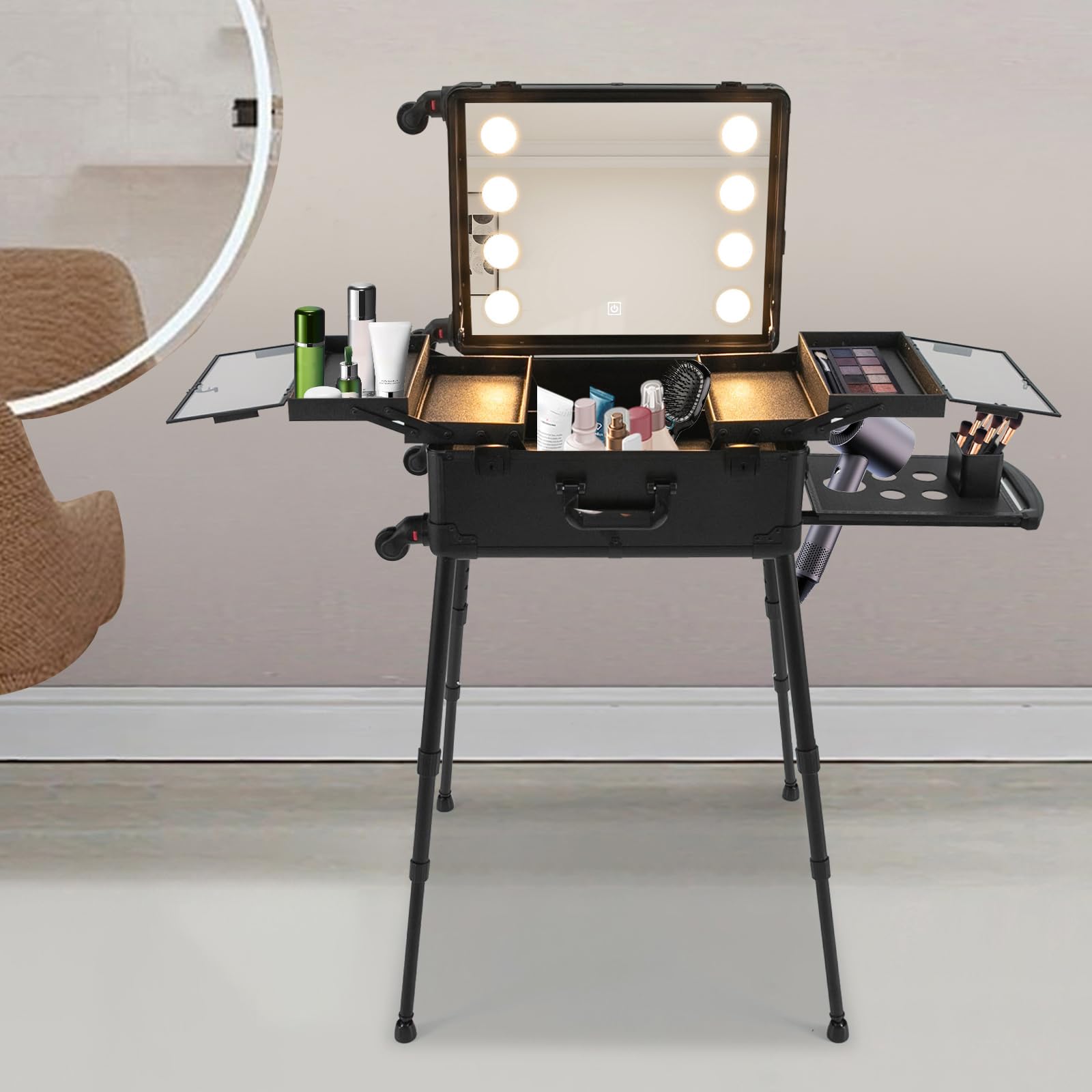 Kosmetikkoffer Mit Spiegel Und LED Licht, Schminkkoffer Damen Rollkoffer, Beautycase Hartschale Mit Rollen, Kosmetikkoffer Groß Mit Teleskopgriff, Beauty Case Für Make Up Und Friseur