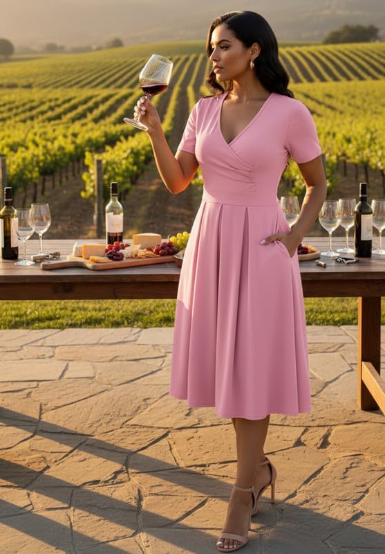 Women's Casual Wrap Dress Wedding Guest Dresses with Pockets Short Sleeve A-Line Swing V-Neck Pleated Dresses - Image 3