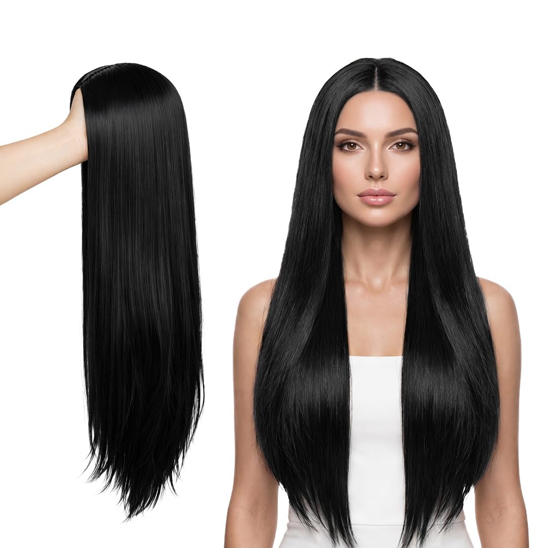 EL CABELL Long Middle Partition Straight Natural Look Full Head Hair Wig in Natural Black Colour for Women with One Net Wig Cap (Natural Black)-picture-11