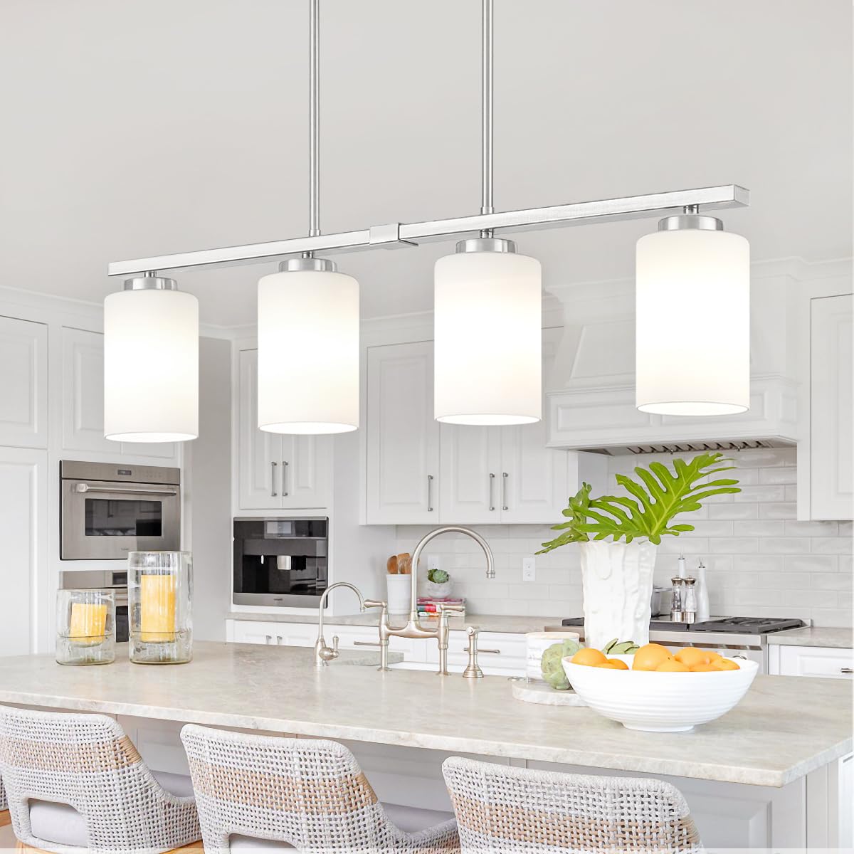 Photo 1 of Brushed Nickel Island Lights for Kitchen, 4-Light Dining Room Light Fixtures Modern Linear Chandeliers Over Table White Frosted Glass Adjustable Hanging Lights Kitchen Pendant Lighting Over Island