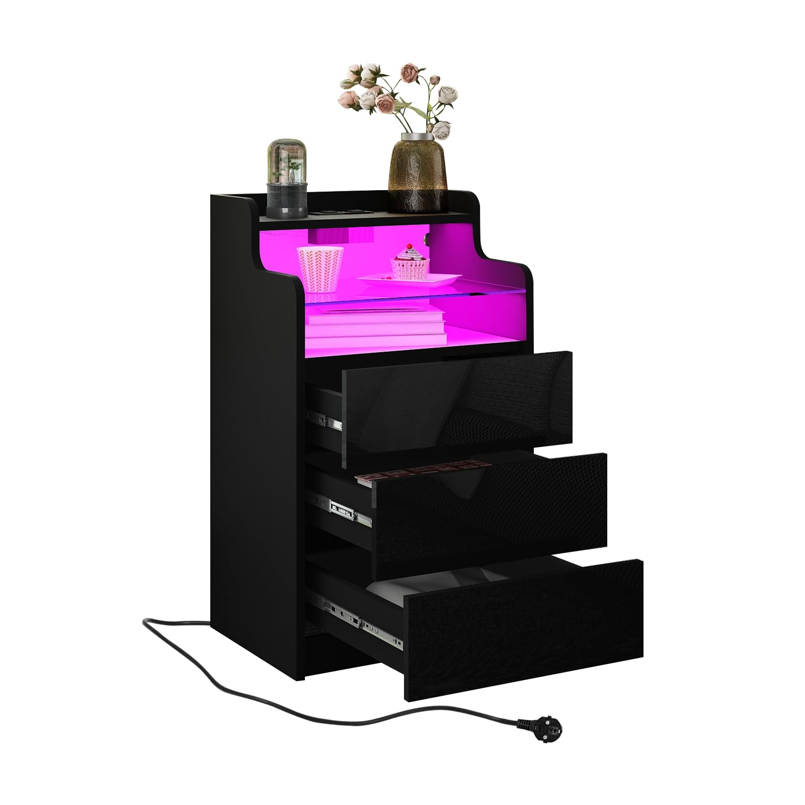 Ikewaier LED Bedside Table, Black Bedside Cabinet with 3 Drawers, High Gloss Nightstand with Charging Station, 2 AC Outlets, 2 USB Ports, for Living Room, Bedroom, Study, Modern