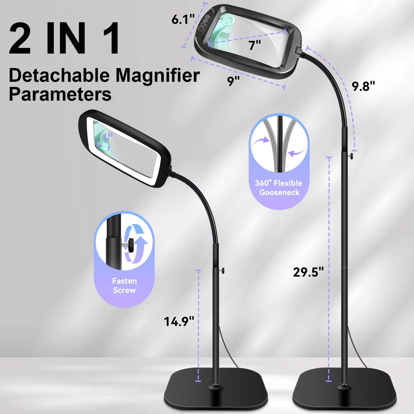 Loupe Lumineuse 2 en 1, Lampe Loupe sur Pied 60 LED, 5 Températures de Couleur 4 Niveaux de Luminosité Réglables pour Travail de près