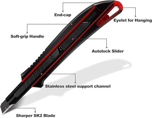 Miniatura 3 de HAUTMEC 4PCS18mm - Cortador de cuchillos utilitarios con botón de cambio rápido de seguridad, hoja ultra afilada SK2 negra a presión, mango de goma