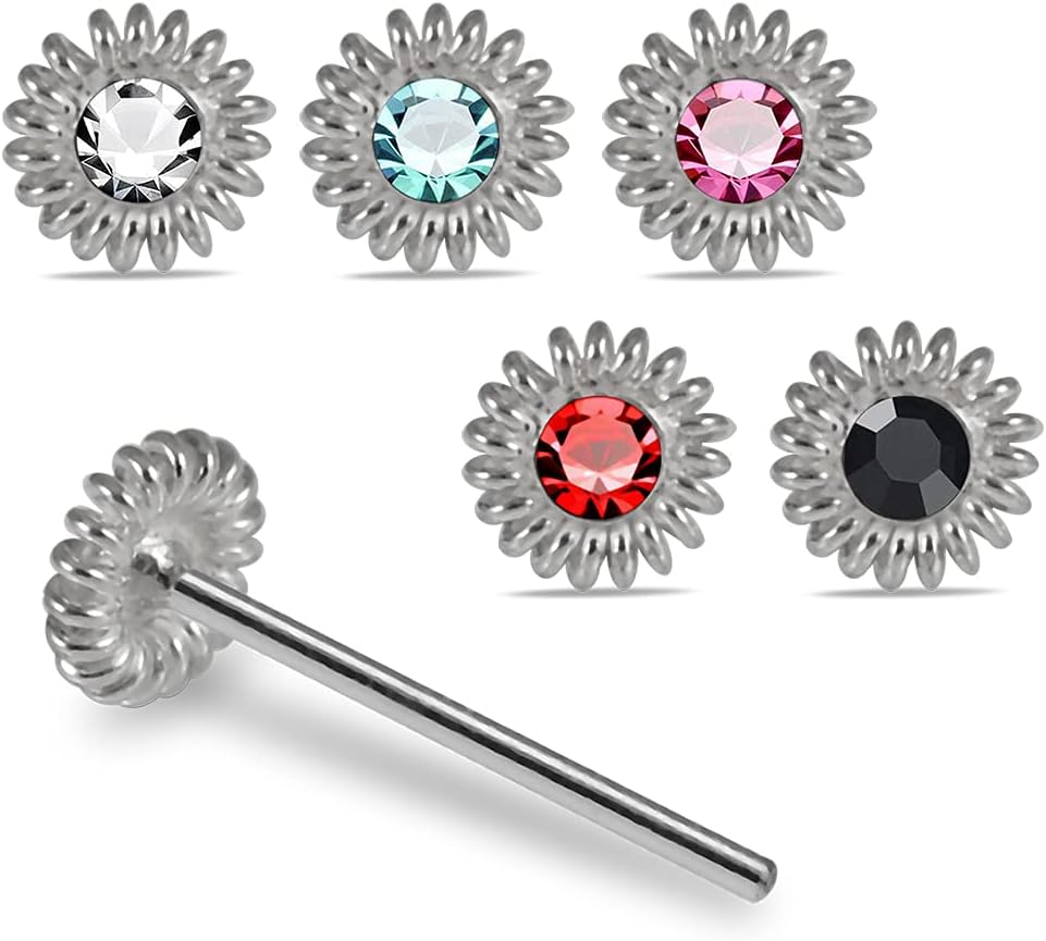 Crystal Stone Gemmed Coiled Flower 22 Gauge 925 Sterling Silver Straight Nose Pin - Nose Stud - Tiny Nose Ring - Nose Piercing Body Jewelry