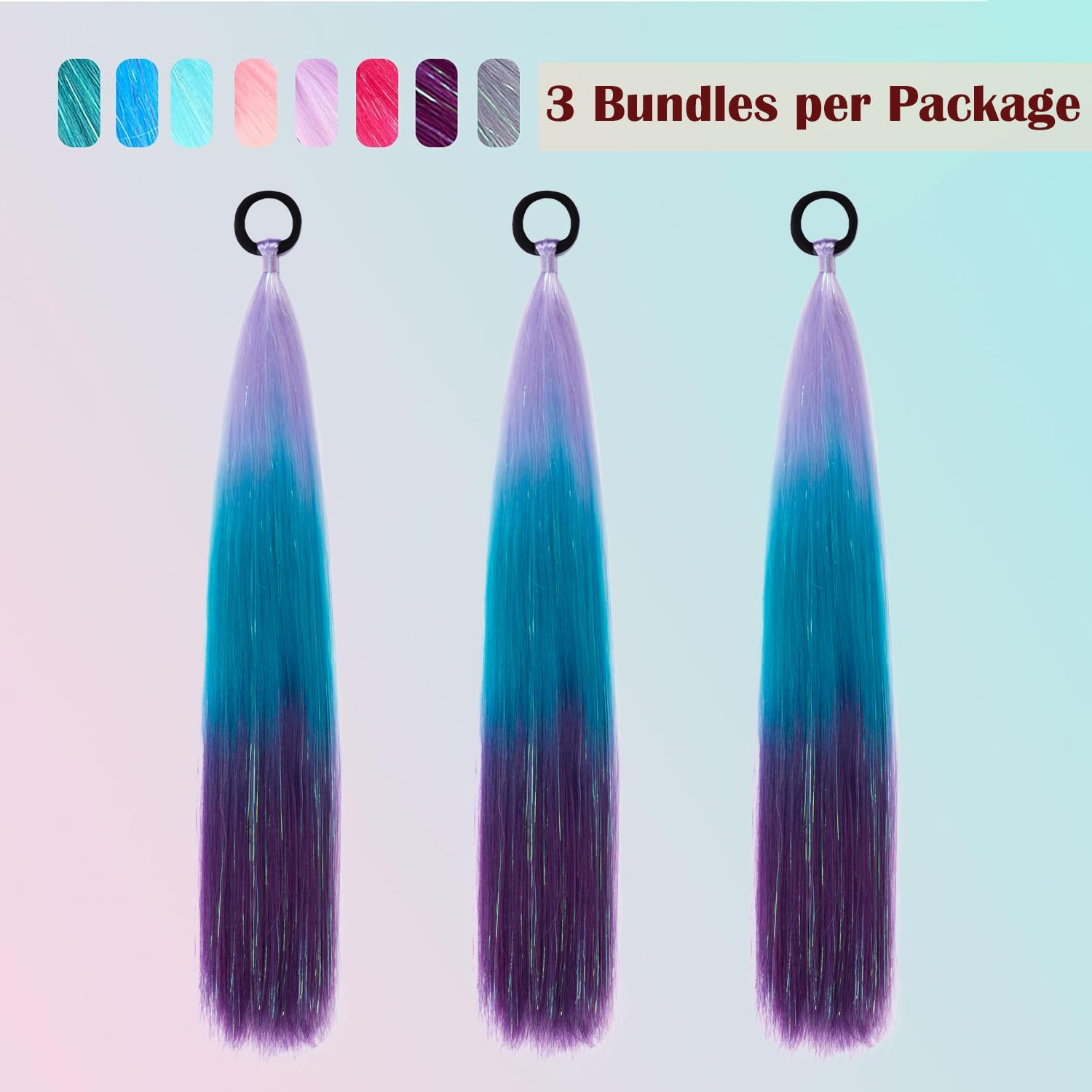 PORSMEER 3 Packs Ponytail Extension 24 inch Light Purple to Blue to Dark purple Colored Hair Extensions Glitter Tinsel Mixed for Braiding Ombre Pony Tail with Hair Tie Rave Crazy Hair Day - Image 2