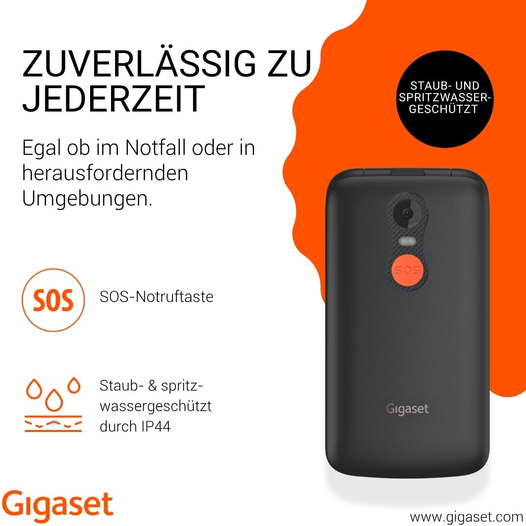 Gigaset GL595 Flip-Mobiltelefon – einfache Bedienung für Senioren, große Tasten & SOS-Notruftaste – Staub- & spritzwassergeschützt IP44 Schutzklasse–ohne Vertrag–2,8 Zoll TFT-Farbdisplay, Black