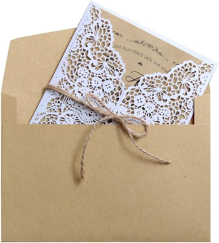20 Pieces Wedding Invitations Cards Laser Cut Handmade White Kit with Envelopes Brown Kraft Card Inserts for Marriage Engagement Wedding Baby Shower Birthday Party Supplies