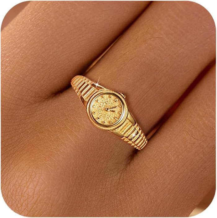 LOVECOM 14k Gold Plated Watch Clock Finger Rings for Women 925 Sterling Silver Watches Adjustable Knuckle Ring Statement Stacking Eternity Ring Jewelry Birthday Gifts for Mom Daughter Friends