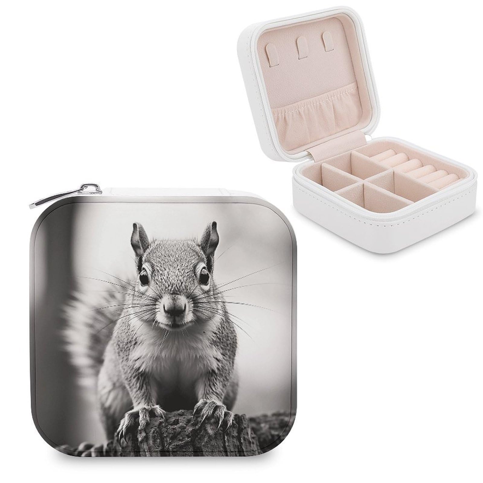 VstaDank Light Gray Squirrel Travel Jewelry Case Zipper Portable Small Jewelry Box Custom Pu Leather Mini Traveling Jewelry Organizer for Rings Earrings Necklace Bracelet Girls Women