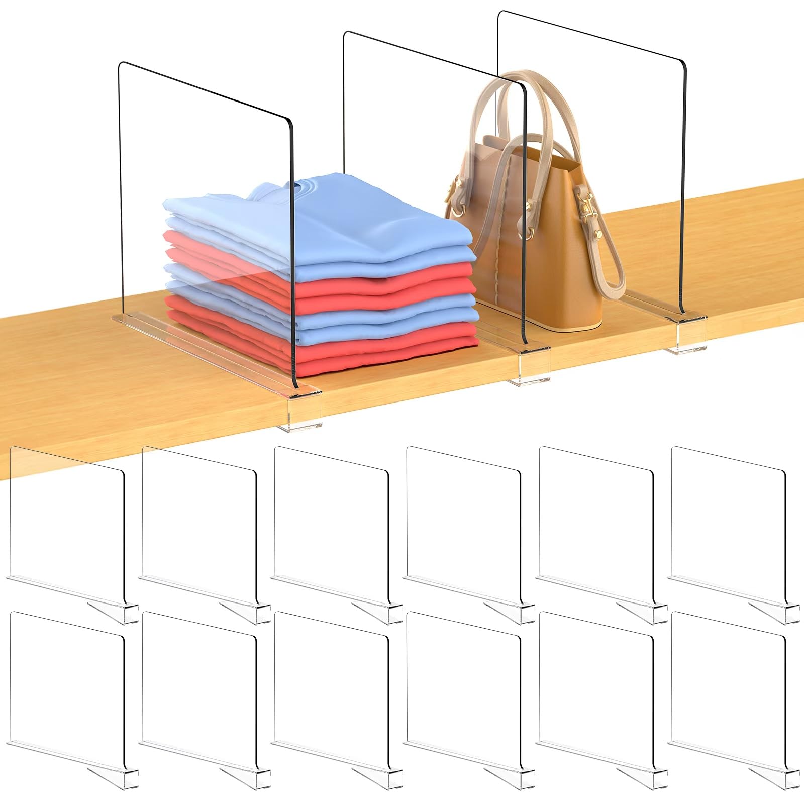 Acrylic Shelf Dividers for Closet Organization: Purse Organizer for Closets with Easy Installation, Durable Handbag Storage Organizer, Suitable for Bedrooms/Kitchens/Offices/Cabinets/Bathrooms16PCS