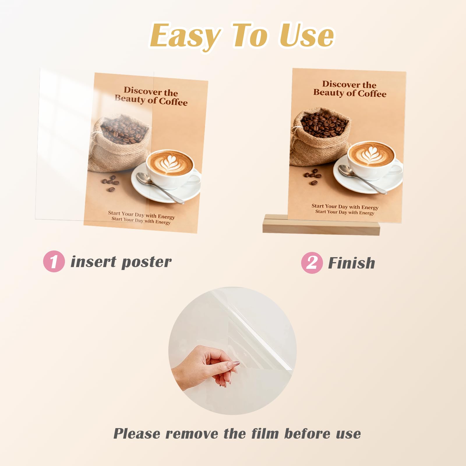 Lot de 6 Présentoir A5 (14,8 x 21 cm) en acrylique avec base en bois, porte affiche A5, porte menu pour tables, double face pour menus, affiches, mariage, restauran