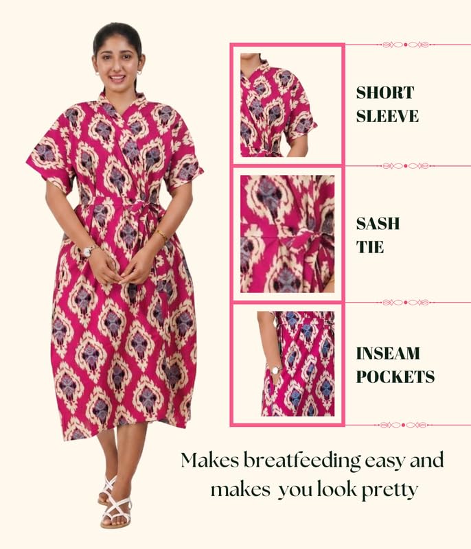 Image of MENMAII Cotton Feeding Robe for Women | Soft Breathable Maternity & Nursing Wear | Front Open Easy Feeding Access | Comfortable Nightwear for New Moms|Calf Length [Size: L,XL,XXL,3XL /FS]