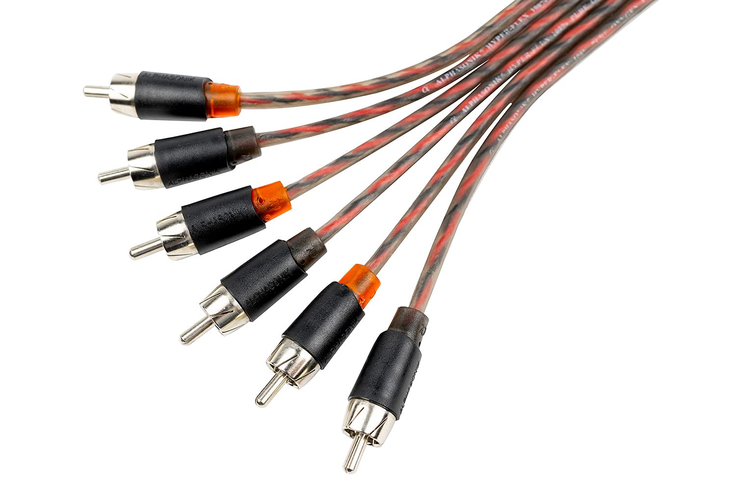 Alphasonik Cable de audio de interconexión RCA Hyper-Flex de 6 canales de alta calidad de 17 pies con tecnología X-Radial Twist Wire, elemento de cobre 100% libre de oxígeno, certificado para