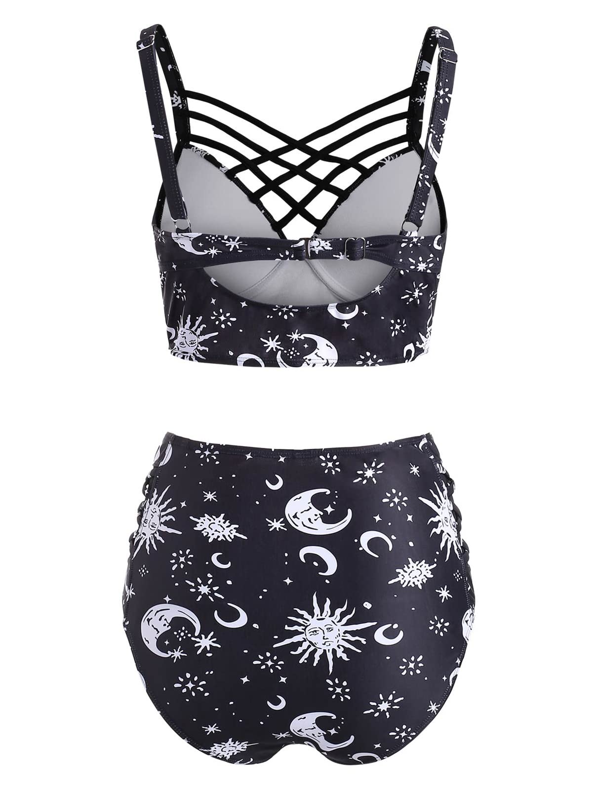 JMSUN Traje de baño de verano para mujer, diseño de sol, estrella, luna, entramado, cintura alta, tankini