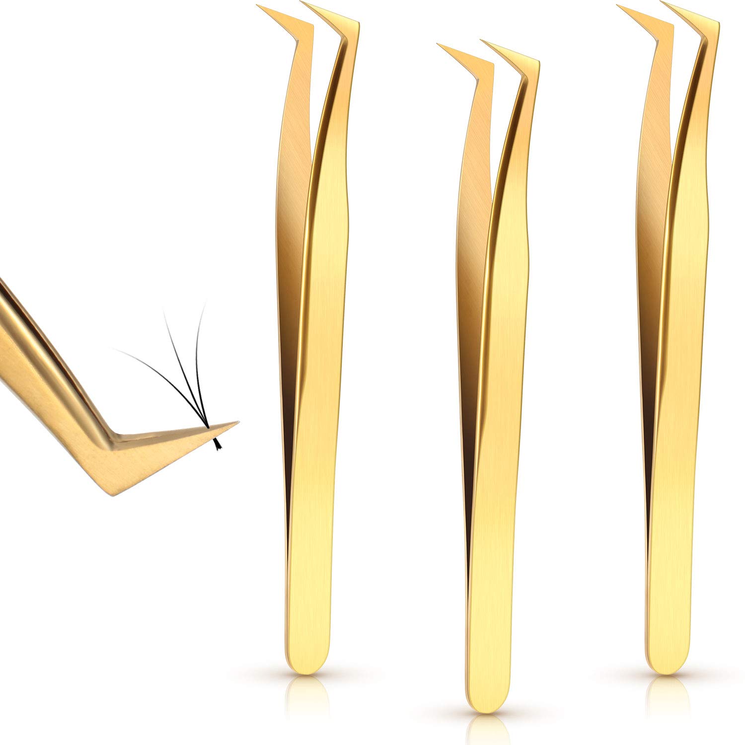 3 Pieces Volume Tweezers Eyelash Extension Tweezers Curved 6A Tip False Lash Tweezers Stainless Steel Precision Tweezers for Individual and 3D 6d Volume Eyelash Extension (Gold)