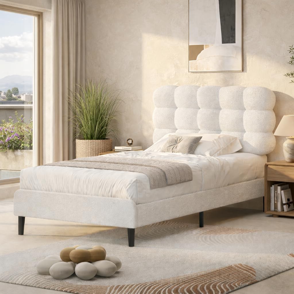 BarnFurin Twin Bed Frame, Platform Bed with Upholstered Headboard, Soft Boucle Bed Frame with Wooden Slats Support, Two Bed Forms Design, No Boxing Spring Needed, Easy Assembly, White