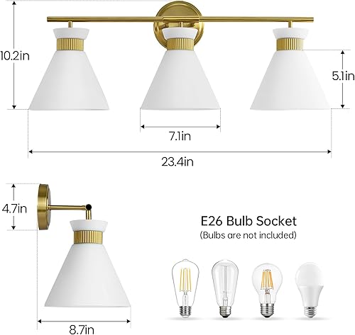 Miniatura 2 de WOSHITU Lámparas de tocador de baño 3 luces de mediados de siglo modernas luces de tocador para baño sobre espejo, iluminación de pared de oro