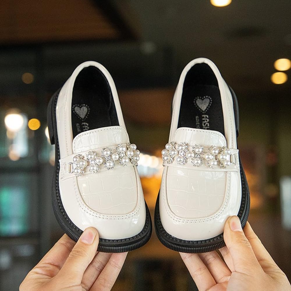 BININBOX Little Girls Patent Leather Slip-On Penny Loafer Rhinestones Flats Black White School Uniform Dress Shoes for Girls