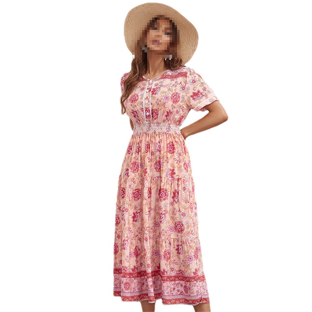 Vsadsau Vestido bohemio para mujer, estampado floral, vestido de playa para mujer, casual, manga larga, cuello en V, vestido midi acampanado
