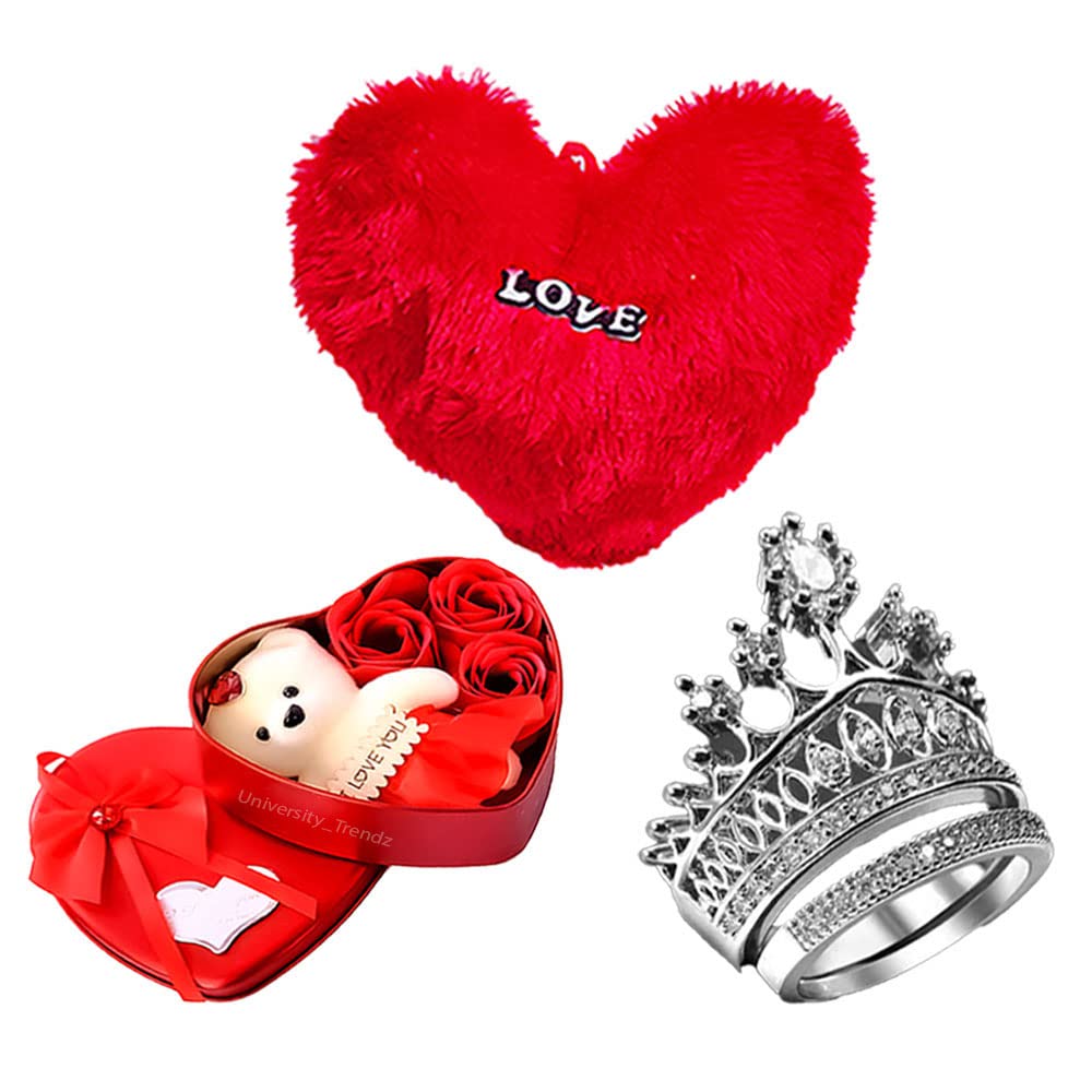 University Trendz Romantic Gift Combo of Silver Crown Ring with Love Heart Cushion, Cute Teddy (Pack of 3)-image-2