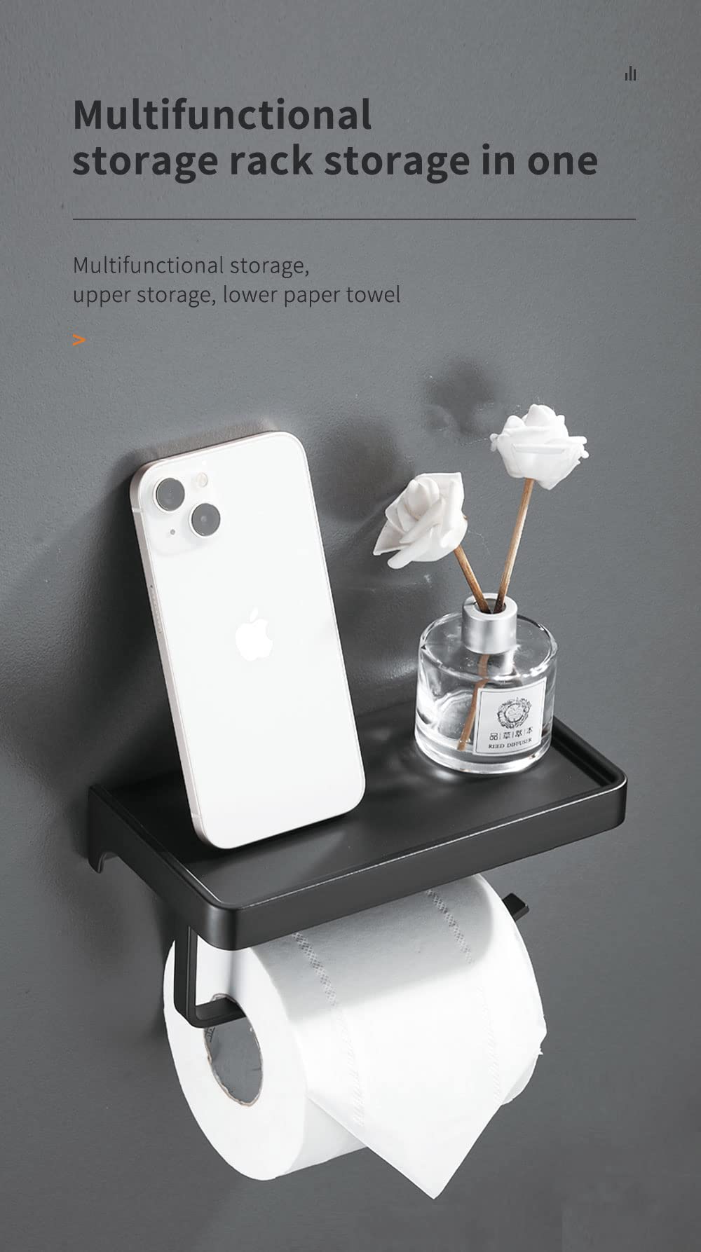 Paper Towel Holder Under Cabinet Wall Mount Toilet Paper Holder With Phone Shelf - Double Roll Stainless Steel Bathroom Organizer In Black Wall Mounted Tp Holder