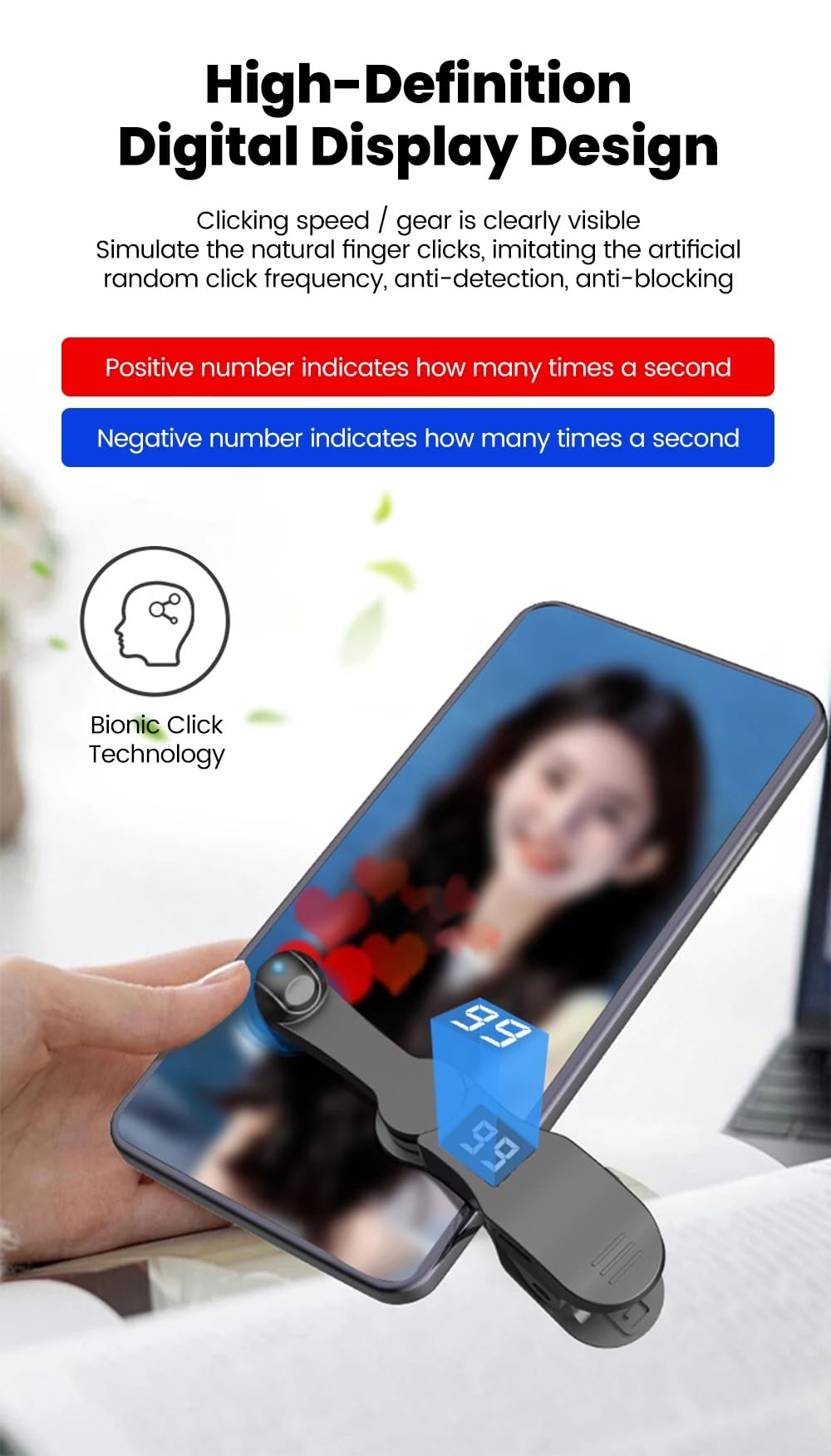 Clicker automatico per schermo, schermo automatico, clic rapido per video live streaming, strumenti di presa USB simulatore, clic sulle dita sullo schermo silenzioso con indicatore LED