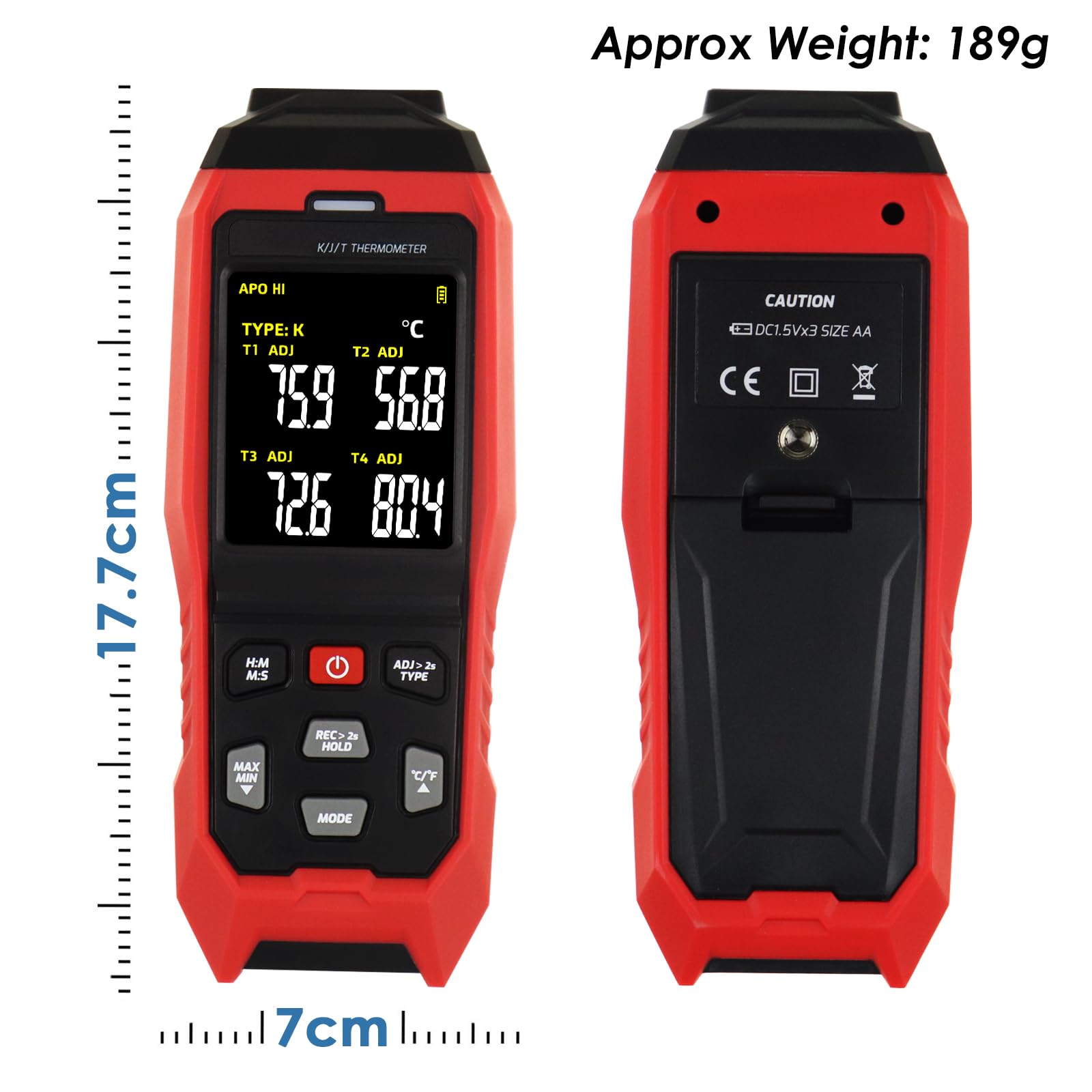 Termómetro digital de termopar de 4 canales tipo K/J, registrador de datos de temperatura con 5000 grupos de registros, alarma audible, apagado automático, rango de -200.0 °C a 1,371.7 °C, herramienta