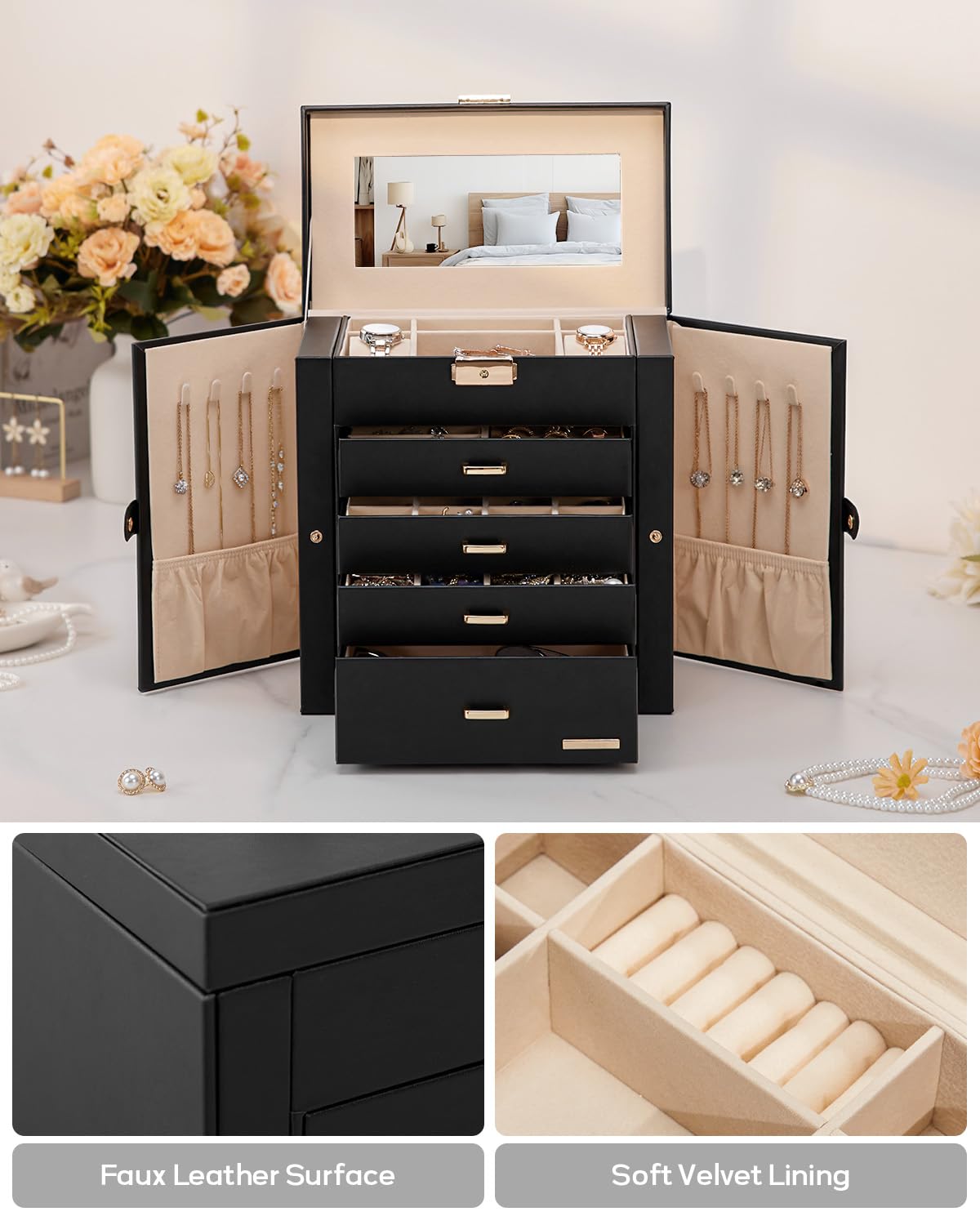 Homde Large Jewelry Box with Mirror & Lock - Image 6