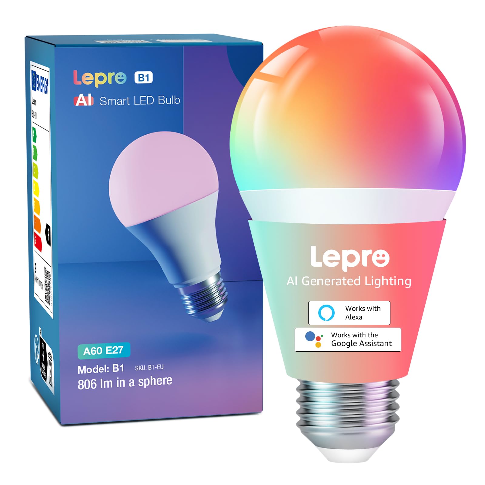 Lepro AI Smart Bulb E27, Music Sync WiFi Bulb, Voice Control Smart Screw Bulb, Colour Changing Light Bulbs, RGBCCT, Work with Alexa & Google Assistant, Personalized AI Lighting Designer