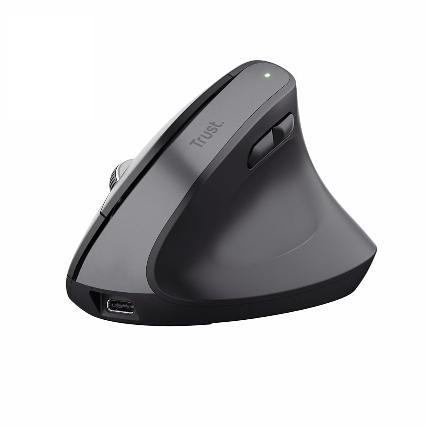 Trust Bayo+ Mouse Verticale Wireless Bluetooth + RF 2.4GHz, Ridurre la Tensione del Braccio e del Polso, 53% Plastica Riciclata, Mouse Ergonomico Ricaricabile Multidispositivo PC Laptop Mac - Nero