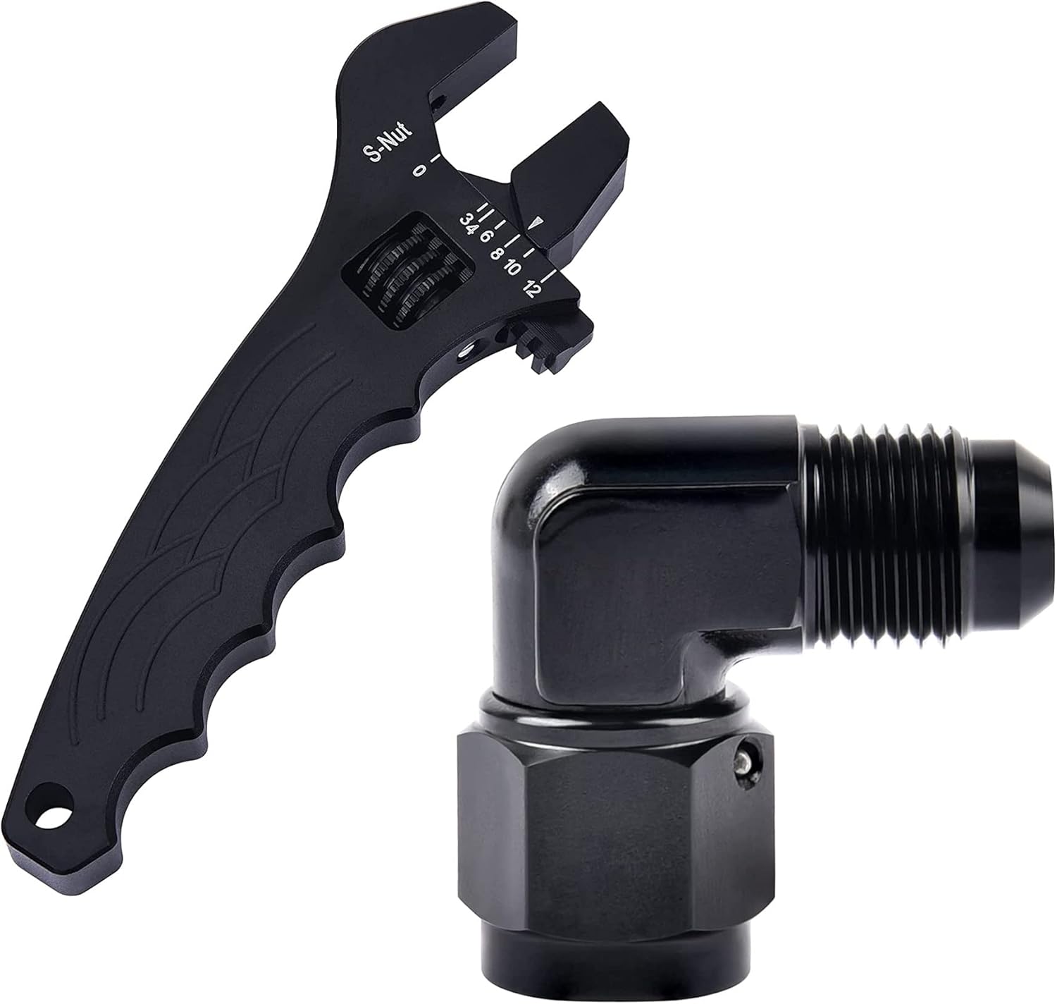 EVIL ENERGY 6AN Female to AN6 Male 90 Degree Swivel Fitting Bundle with Adjustable 3AN-12AN Wrench Aluminum Black