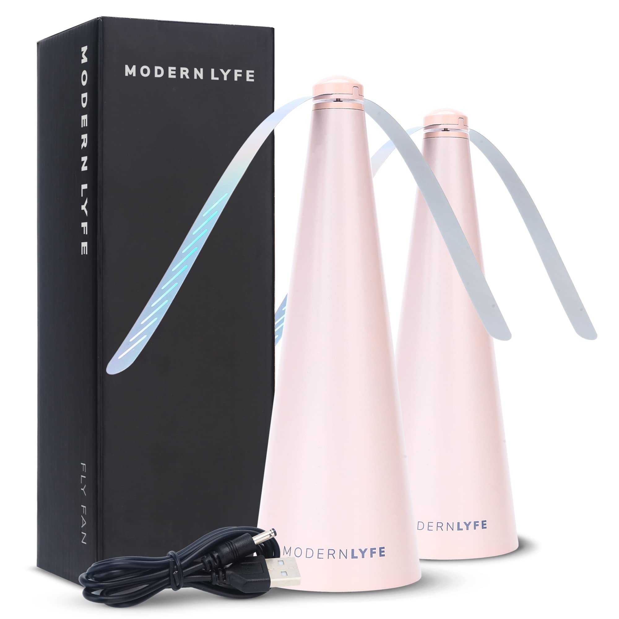 Fly Fans for Tables by Modern Lyfe - AA Battery & USB Powered - Fly Swatter Outdoor Camping Accessory Or for Food at Parties, Restaurants & Picnics, Bug Fan, Spinner Keeps Flies Away (2 Pack - Pink)