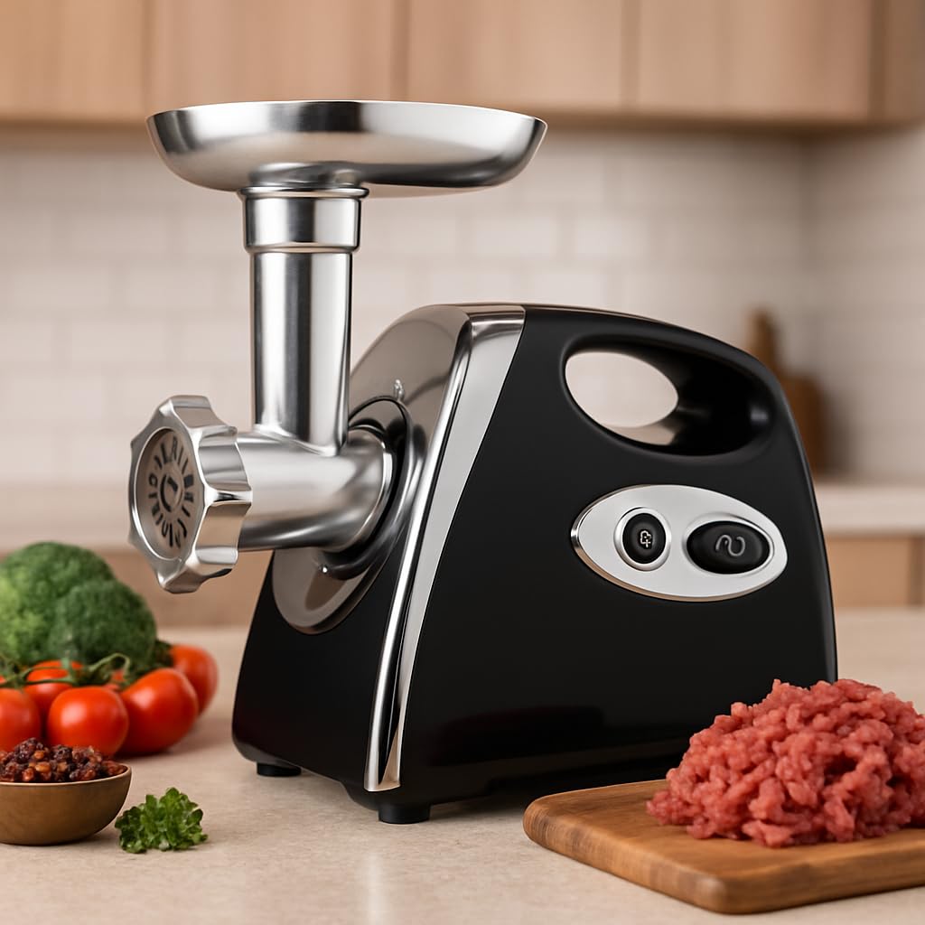 MAXELLPOWER Picadora de Carne 1200W Profesional con 3 Discos de Corte, Cuchillas Inox, Función Reversa, Accesorios para Salchichas, Bandeja Metálica Extraíble, Cabezal Desmontable, (NEGRO)